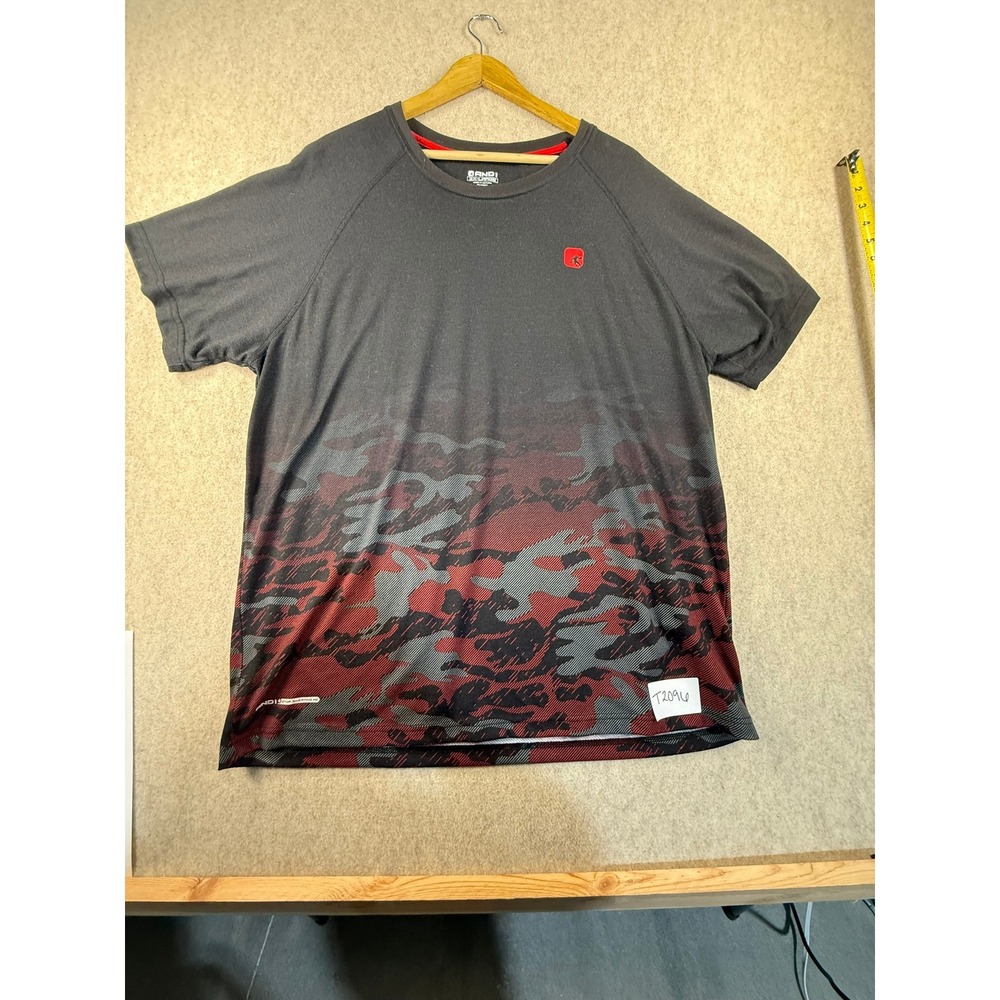 AND1 Mens 2XL Basketball T-Shirt Black Red Camo Gradient Raglan Sleeve Tee